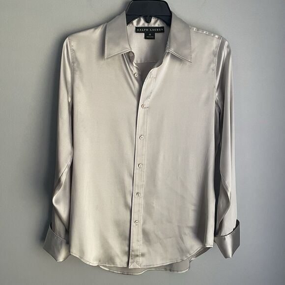 Ralph Lauren Black Label Silk Blouse Sz 10 Gray Button-Up Long Sleeve Shimmer - Picture 1 of 16